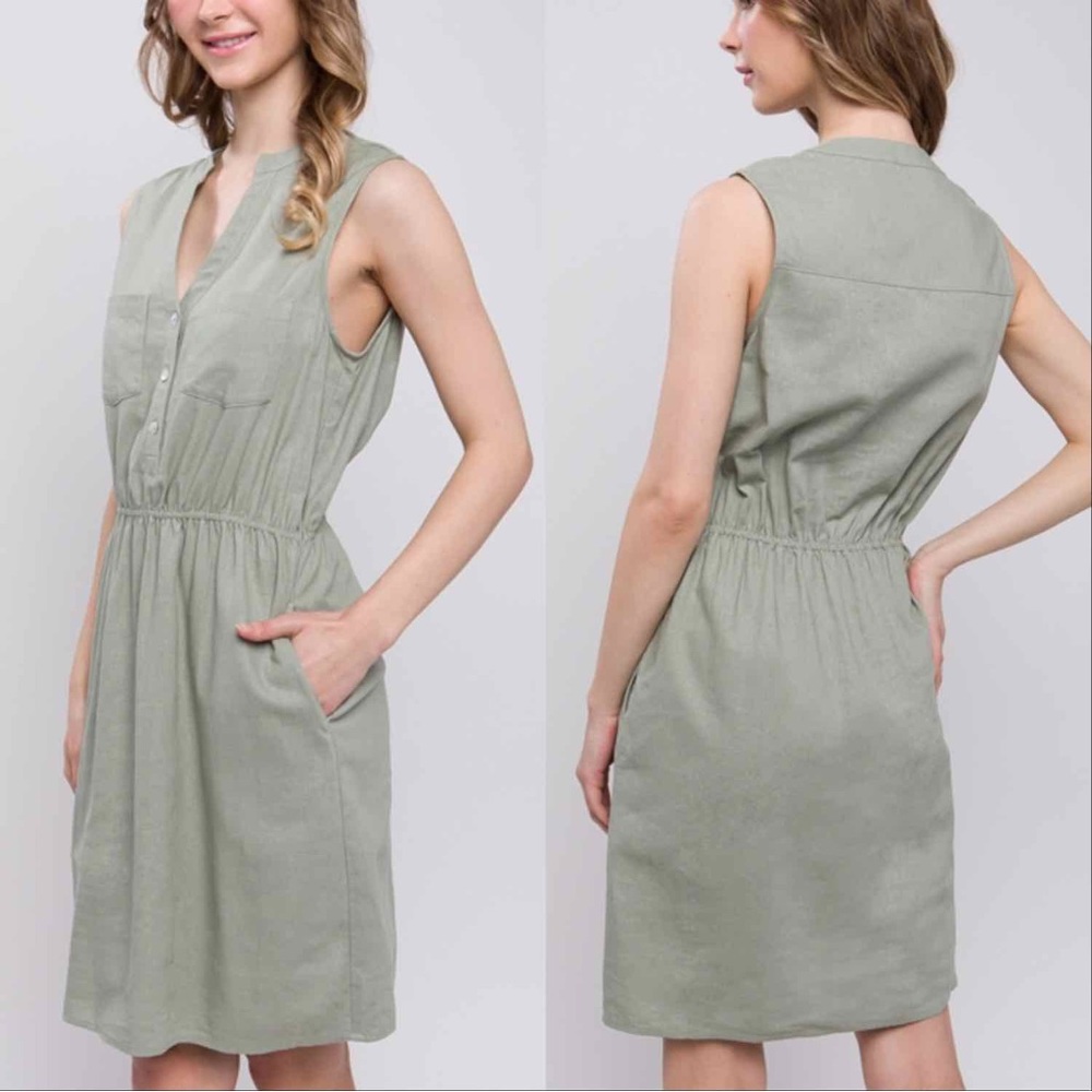 LINEN BLEND SLEEVELESS V NECK DRESS WITH POCKETS - SAGE - Picture 2 of 5